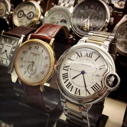 istanbul Turkey - June 28, 2013:Old wrist watches.Antique Shop Window in istanbul.Clock and various item's for sale in antique shop