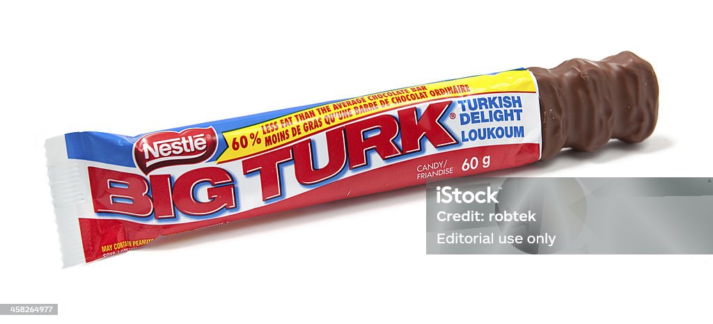 Big Turk Turkish Delight Chocolate Candy Bar Unwrapped Toronto, Canada - May 10, 2012: This is a studio shot of a Big Turk turkish delight chocolate candy bar made by Nestle isolated on a white background. Candy Stock Photo