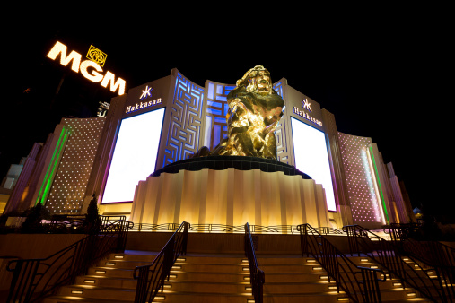 Las Vegas, Nevada, USA - October 31, 2013: MGM Grand hotel casino in Las Vegas at night. The massive bronze lion is a prominent feature of the MGM Grand Hotel and Casino complex on South Las Vegas Boulevard