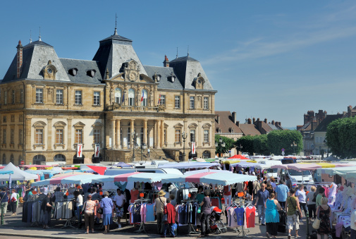 Autun,France-June 07,2013: View at the open air market in Autun,France. This market is held on Wednesdays and on Friday mornings in front of the city hall at the  place du champ de mars  . June 7,2013 Autun, France