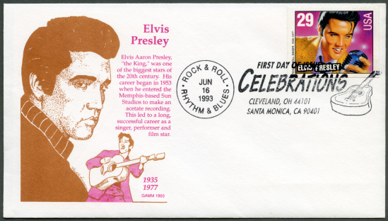 St-Petersburg, Russia - October 30, 2012: A 1993 June 16 USA postage stamp shows Elvis Presley, American Music Series, envelope of first day of issue