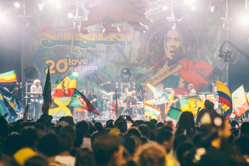 Benicassim, Spain - August 25, 2013: Jamaican reggae/dancehall artist Damian Marley was main act on the main stage of Rototom Sunsplash Reggae Festival. This event is biggest reggae festival in Europe and been around for 20 years.