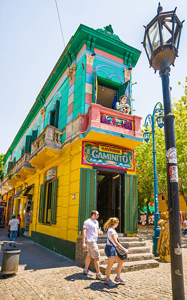El Caminito in La Boca, Buenos Aires, Argentina Buenos Aires, Argentina - January 30, 2013:Tourist enjoying a walk along El Caminito, one of the most famous streets in the quarter La Boca. This part of La Boca is famous for its colorful houses and visited by many tourists and it is a major attraction in the city Buenos Aires. caminito stock pictures, royalty-free photos & images