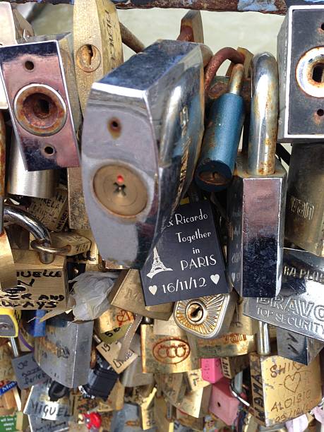 Close up of love locks across the Seine stock photo