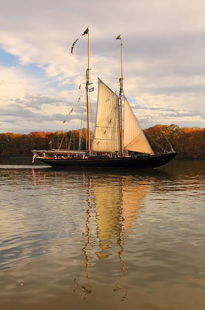 Schooner Virginia on the Chester River Chestertown, Maryland, USA - November 2, 2013: The two-masted, top sail schooner Virginia under sail on the Chester River in Maryland to celebrate Downrigging Weekend. chestertown stock pictures, royalty-free photos & images