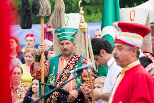 Bucharest, Romania - May 17, 2013: Traditional Ottoman army band or janissary band performes a show during the celebratory events Turkish Festival.