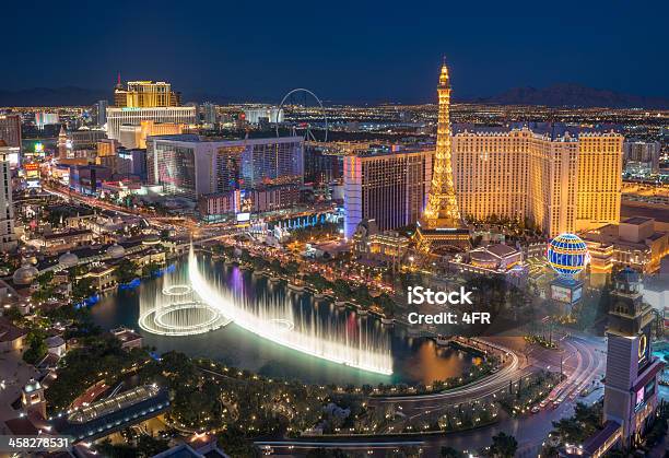 Las Vegas Strip With Bellagio Fountain Show Stock Photo - Download Image Now - Aerial View, Arts Culture and Entertainment, Capital Cities