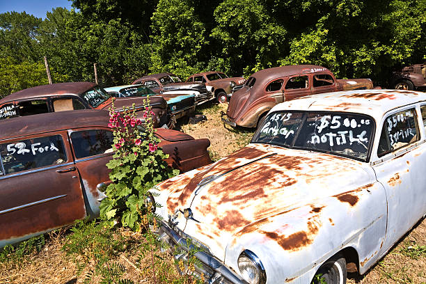 Glendale, USA - July 17, 2008: junk yard with old rotten rusty classic cars in Glendale, USA. the price of the wrecks is written on the window shield. The classic car wrecks stand on a field without any weather protection.