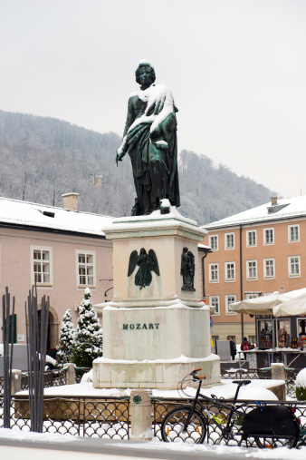 Salzburg, Austria - January 14, 2013: Mozart statue on Mozart Square (Mozartplatz) located at Salzburg, Austria