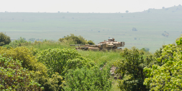 Heights, Israel - April 13, 2013: Israeli tank watch standby alert in high grass at boundary area