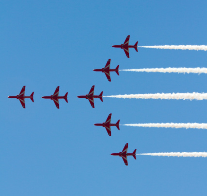 Weston-super-Mare, Somerset, England-July 23, 2012: The Red Arrows RAF Display team appearing at the Grand Pier Airshow