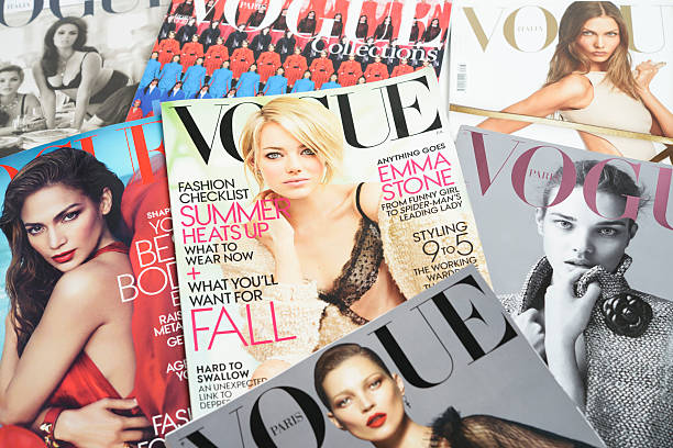Fashion Magazines Seoul, Korea - September 9, 2012:Studio product shot of cover images of fashion  magazines, VOGUE, ELLE and Harper's BAZAAR for research and making up a fashion story. vogue cover stock pictures, royalty-free photos & images