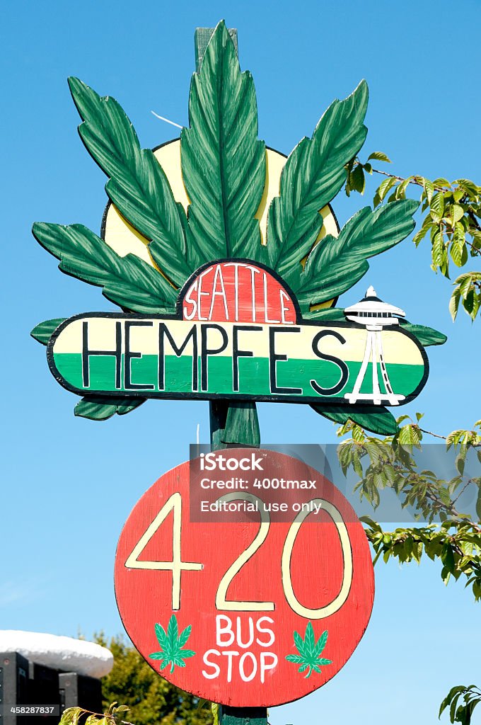 Hempfest Bus Stop Seattle, USA - August 16, 2013: The hand painted 420 bus stop sign at Hempfest during the day at myrtle edwards park.  Addiction Stock Photo