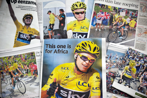 Amsterdam, the Netherlands - July 22, 2013: A number of newspapers with the winner 2013 Tour de France, the British rider Chris Froome of Team Sky. The 2013 Tour de France was the 100th Tour de France. It started in Corsica on 29 June 2013 and finished in Paris on 21 July 2013. The tour was the first to be completed only on French soil since 2003.  The race covered a total of 3,403 kilometres (2,115 miles). The Colombian Nairo Quintana won the second place and the Spaniard Joaquim Rodriguez the third place.