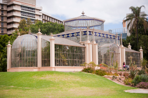 Adelaide, Australia - November 9, 2013: The Adelaide Botanic Gardens Palm House is a restored Victorian Glass house imported from Germany in 1875. It house a collection of plants from Madagascar. The Glass house is believed to be the only one of its kind still in existence.