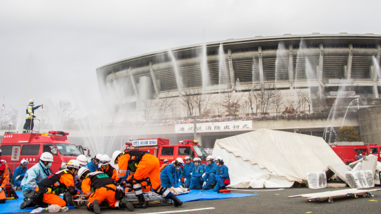 Kanagawa, Japan - January 5, 2013: The fire fighting show in the New Year's Fire Review at Nissan Stadium in Kanagawa, Japan.