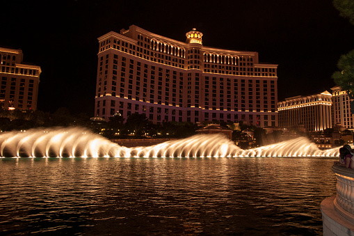 Las Vegas, Nevada USA - August 27, 2010: Fountains of Bellagio in Las Vegas Bellagio is a AAA Five Diamond award-winning hotel and casino located on Las Vegas Strip. Bellagio is famed for its elegance and the Fountains of Bellagio - a large dancing water fountain synchronized to music.