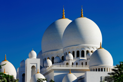 Abu Dhabi, UAE - May 11, 2013: Sheikh Zayed Grand Mosque, Abu Dhabi. The 3rd largest mosque in the world, area is 22,412 square meters and the 4 minarets are 107 m high