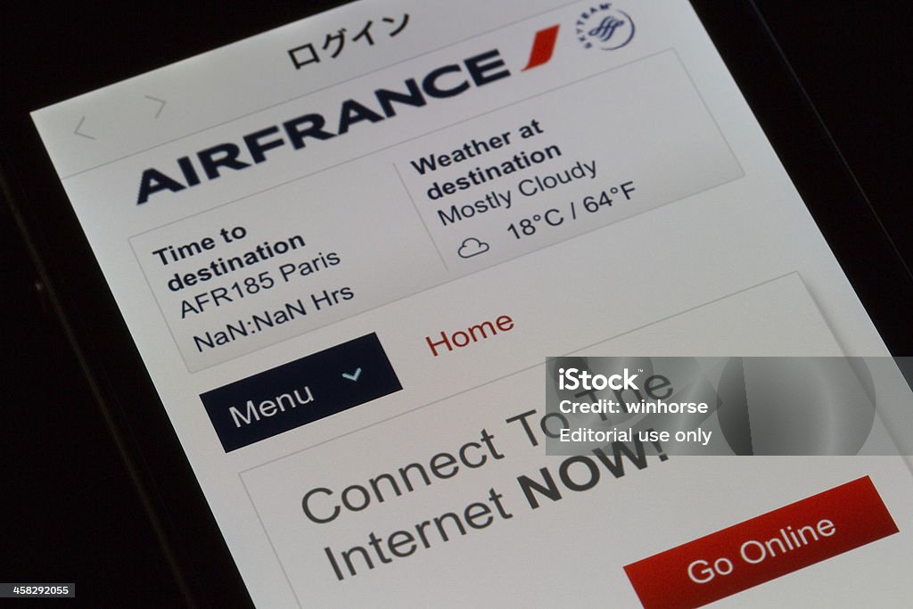 Inflight Wi-Fi internet access service Hong Kong, China - October 4, 2013: iPhone displaying the login page of the Air France inflight Wi-Fi internet access service. Passengers can send text messages and e-mails and surf the internet during their flight. Connection Stock Photo