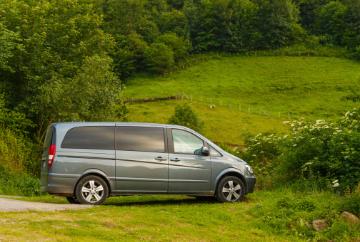 Onis-Asturias, Spain - June 25, 2013: seven seats grey Mercedes Benz Viano minivan \