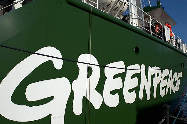 greenpeace logotipo en su barco, rainbow warrior iii - buque conocido fotografías e imágenes de stock