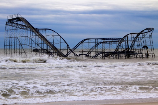 Seaside Heights, New Jersey, USA - December 5, 2012:  Hurricane Sandy left the Jetstar roller coaster in the Atlantic Ocean.  The town's boardwalk was destroyed in the storm.
