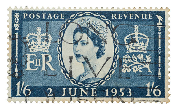 Queen Elizabeth II Yateley, Hampshire, UK - September 28, 2012: Isolated Queen Elizabeth II mail stamp printed in the UK to celebrate her coronation to the British and Commonwealth throne on June 2, 1953. mann stock pictures, royalty-free photos & images