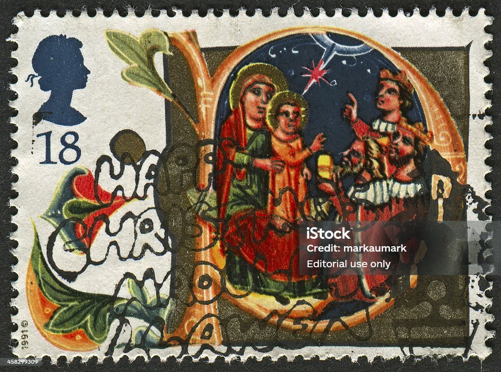 Postage stamp. Gomel, Belarus - April 20, 2013: Postage stamp. A stamp printed in UK shows image of The Adoration of the Magi, circa 1991. 1991 Stock Photo