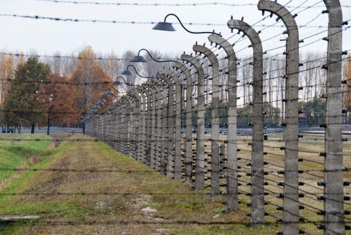 Oswiecim, Poland - October 28, 2007: Barbed wire fences in Auschwitz II-Birkenau, a former Nazi extermination camp and now a museum on October 28, 2007 in Oswiecim, Poland