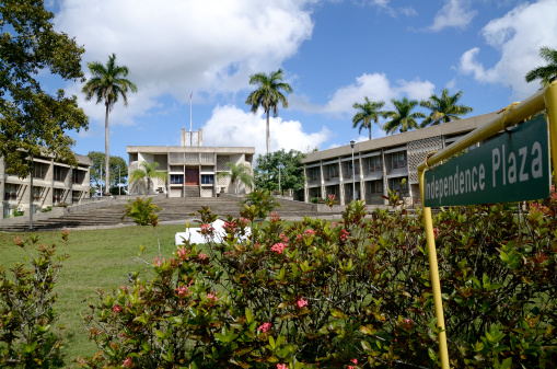 Belmopan, Belize - December 08, 2012: The National Assembly and other government buildings at Independence Plaza in Belmopan, the capital city of Belize.