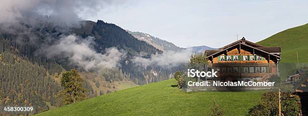 Alpi Bernesi Panorama Con Swiss Farm - Fotografie stock e altre immagini di Alpi Bernesi - Alpi Bernesi, Alpi, Fattoria