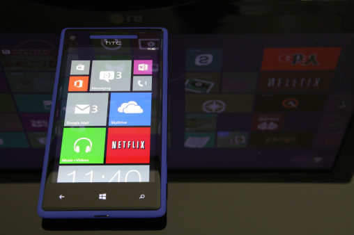 Alpharetta, Georgia USA - November 17, 2012: Angled shot of an HTC 8X with a Microsoft Windows Phone 8 operating systme.