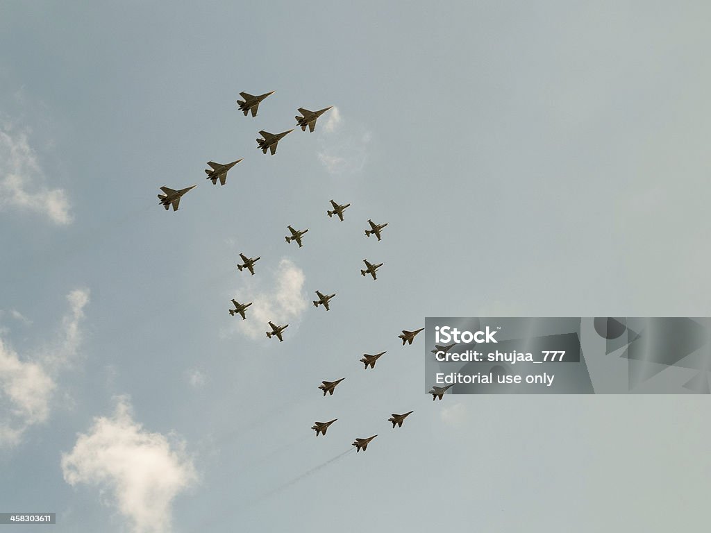 Number 100 made by 21 Mig-29SMT, Su-27SM3 and Su-25SM aircrafts Zhukovsky, Moscow region, Russia - August 10, 2012: Airshow devoted to 100th anniversary of Russian Air Forces. 100th Anniversary Stock Photo