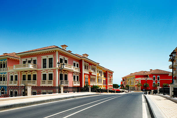 Doha, Qatar - May 3, 2013: Qanat Quartier island in Doha. Located on the Pearl-Qatar island this Venice-like community has an extensive canal system, squares, plazas and beach front townhouses