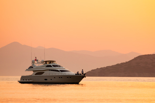 Bodrum, Turkey, September 29, 2012: Turkish flagged luxury motor yacht name is not visible. Boat is in \