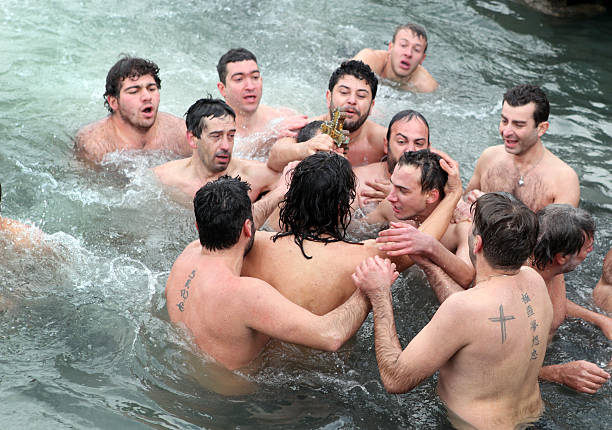 Istanbul,Turkey-January 6: Orthodox Christians in Istanbul reenacted the baptism of Christ with a traditional cross-throwing ceremony on January 6, 2013 in istanbul,Turkey.