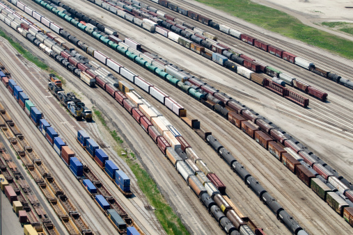 Chicago, Illinois, USA - July 11, 2012: Aerial view of Belt Railway Company of Chicago rail switching and terminal yard. Rail freight is separated, classified, and reblocked for transcontinental shipment.