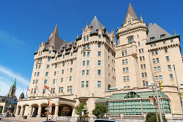 Chateau Laurier Hotel in Ottawa Ottawa, Canada - August 08, 2008: Chateau Laurier Hotel in Ottawa. This castle like hotel  was named after Sir Wilfred Laurier who was the Prime Minister of Canada. It opened to the public in 1912 in downtown Ottawa. Some people on the street in front of the main entrance fairmont chateau laurier stock pictures, royalty-free photos & images