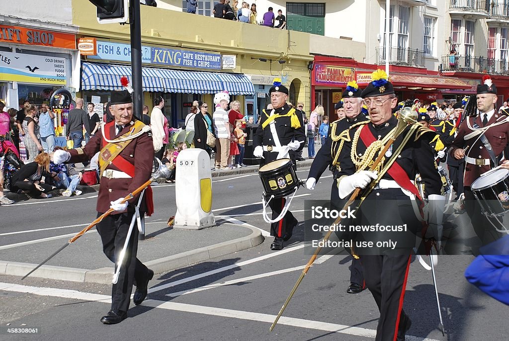 Hastings Old Town Carnival Hastings, England - August 10, 2013: The Corps of Drums of the Farnborough Royal British Legion parade along the seafront during the annual Old Town Carnival. The band were formed in January 2012. Annual Event Stock Photo