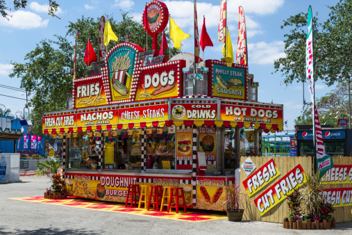 Miami, Florida, USA – March 16, 2013 : Kiosk at Miami Dade County Fair. Kiosks selling different kinds of food