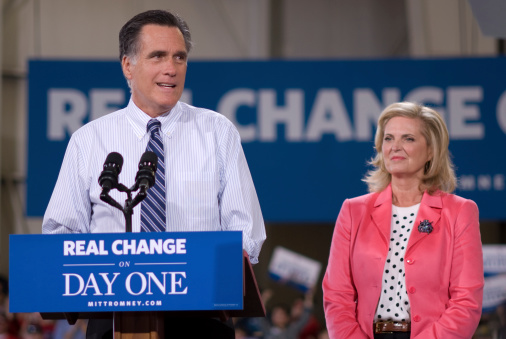 Colorado Springs, CO, USA - November 3, 2012: Mitt and Ann Romney stopped at a rally at the airport in Colorado Springs during a final swing through battleground states to capture votes.
