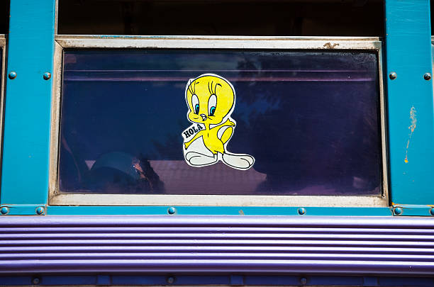 Leon, Nicaragua - November 19, 2008: A sticker of the Looney Tunes character Tweety Bird on a public bus window in Nicaragua. Tweety is saying \