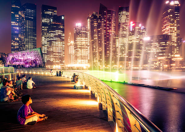 Singapore night scenic image with streaks of light. A blurred Singapore night scene