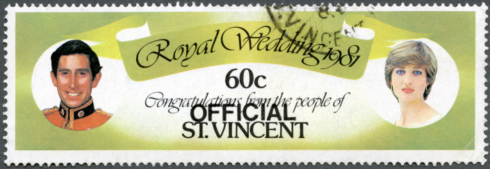 St-Petersburg, Russia - September 24, 2012 1981 St. Vincent postage stamp shows Prince Charles and Lady Diana, Royal wedding