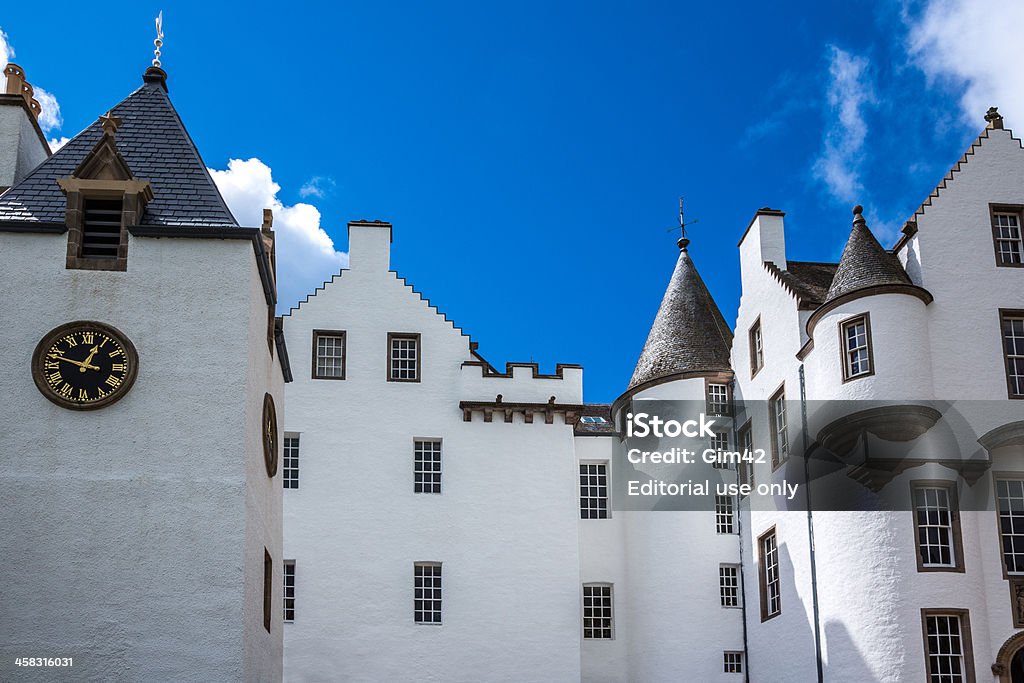 Scotland Blair Atholl, United Kingdom - July 27, 2012: Detail of the white architectures of the Blair castle, home of the Duke of Atholl Blair Castle Stock Photo