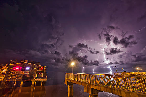 Lightning Storm Over Cedar Key Dock stock photo