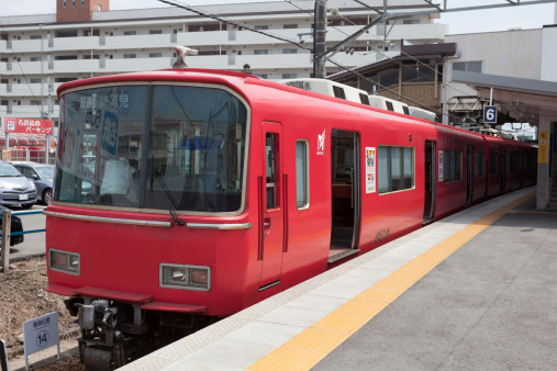 Inuyama, Japan - July 10, 2012: Nagoya Railroad Train parked at Inuyama Station, Aichi Prefecture, Japan. This train is going to Shin Kani Station. Nagoya Railroad Co., Ltd. is a private railroad company operating around Aichi Prefecture and Gifu Prefecture of Japan.