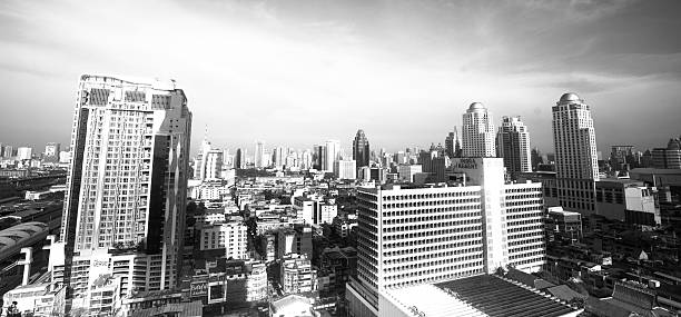 80+ Night Cityscape View Of Bangkok In Black And White Stock