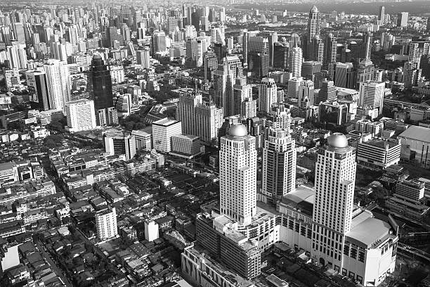 80+ Night Cityscape View Of Bangkok In Black And White Stock