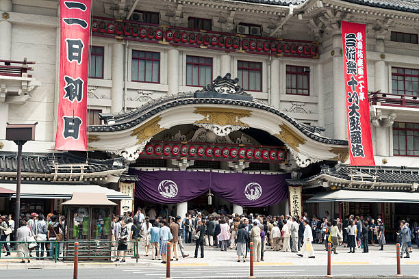 Tokyo, Japan - September 27,  2008: People crowd before main entrance of Kabuki-za Theater located in Higashi Ginza. Kabuki-za is Japan’s most famous and grandest Kabuki theater.